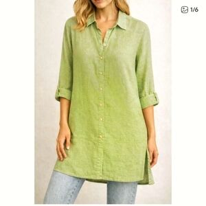 NWOT TAHARI 100% Linen Yellow Green Button-Up Tunic All Season Boho|Size 1X